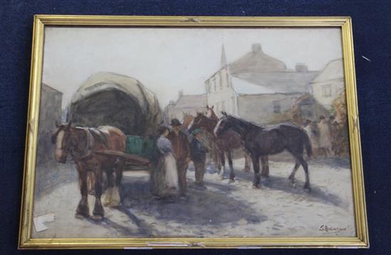 John Atkinson (1863-1924) Horse fair in a village 15.75 x 22in.